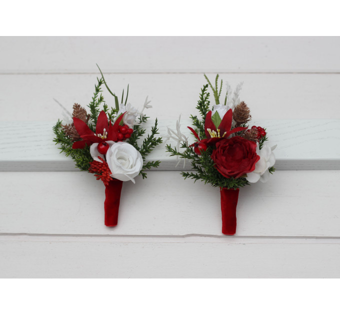 Red & White Winter Wedding Boutonnieres – Elegant Faux Floral Accessories