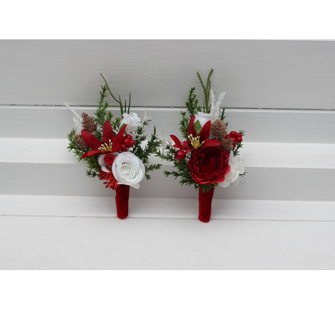 Red & White Winter Wedding Boutonnieres – Elegant Faux Floral Accessories