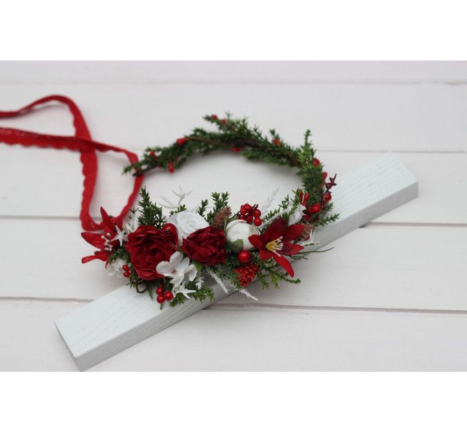 Red & White Flower Crown – Winter Faux Floral Headband for Wedding