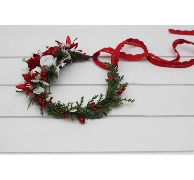 Red & White Flower Crown – Winter Faux Floral Headband for Wedding