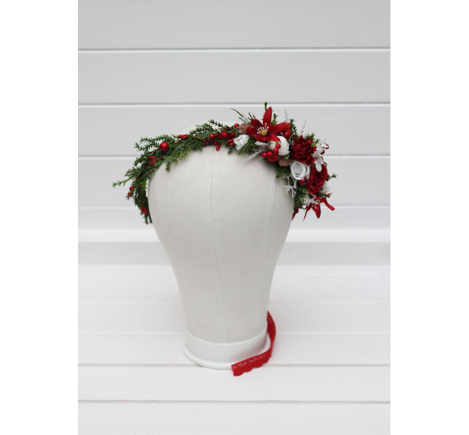Red & White Flower Crown – Winter Faux Floral Headband for Wedding