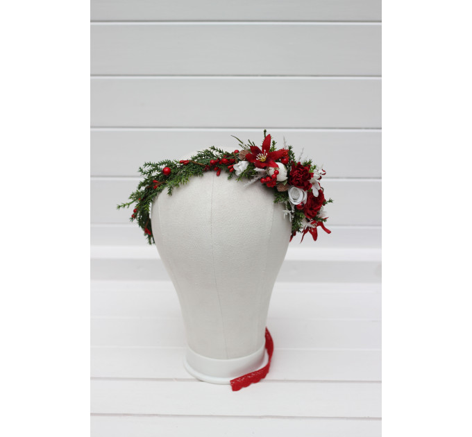 Red & White Flower Crown – Winter Faux Floral Headband for Wedding