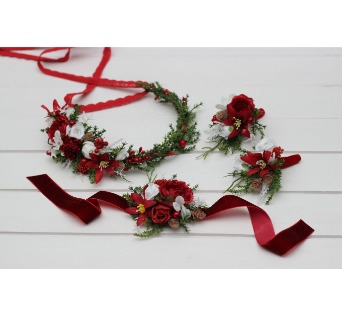 Red & White Flower Crown – Winter Faux Floral Headband for Wedding