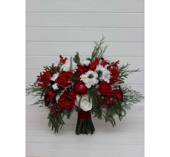 Classic Red & White Bridal Bouquet – Winter Wedding Faux Flowers