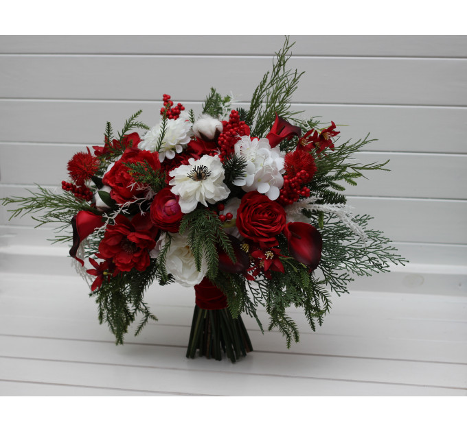 Classic Red & White Bridal Bouquet – Winter Wedding Faux Flowers