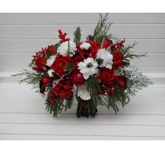 Classic Red & White Bridal Bouquet – Winter Wedding Faux Flowers