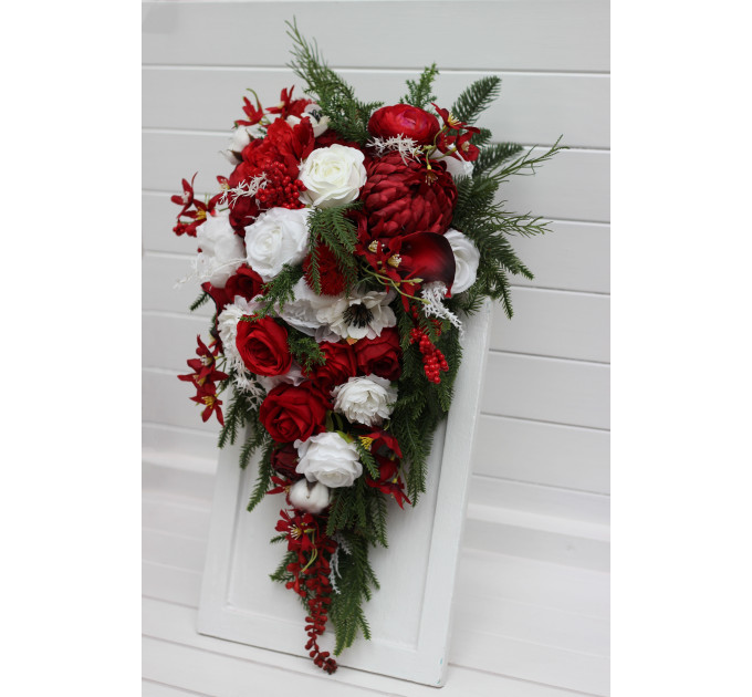 Red & White Cascading Bridal Bouquet – Winter Wedding Faux Flowers