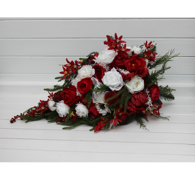 Red & White Cascading Bridal Bouquet – Winter Wedding Faux Flowers