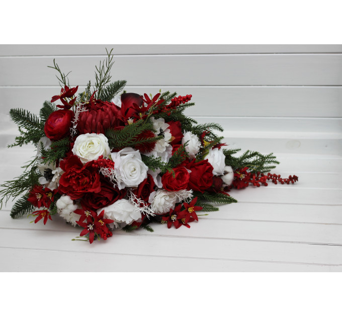 Red & White Cascading Bridal Bouquet – Winter Wedding Faux Flowers