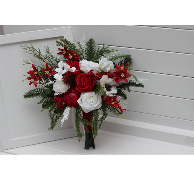 Classic Red & White Bridal Bouquet – Winter Wedding Faux Flowers