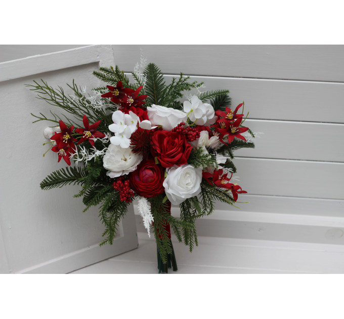 Classic Red & White Bridal Bouquet – Winter Wedding Faux Flowers