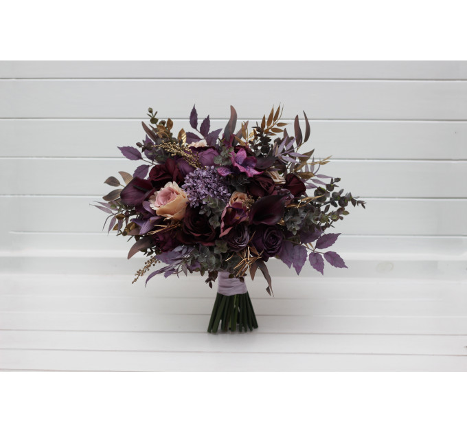 Purple, Lilac, Gold & Beige Bridal Bouquet – Elegant Faux Wedding Flowers