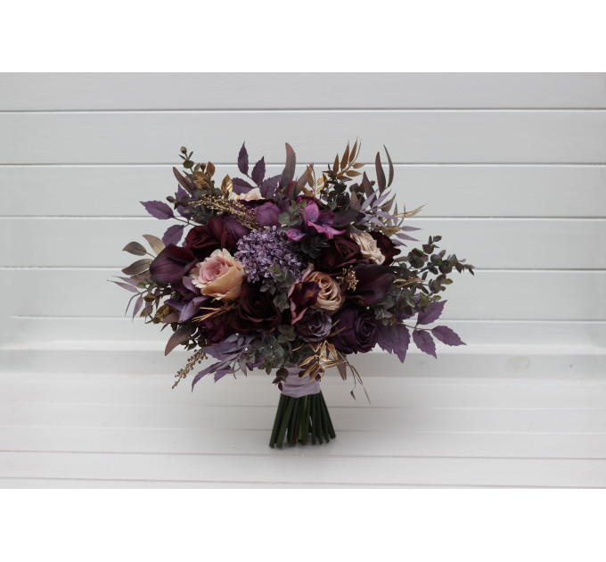 Purple, Lilac, Gold & Beige Bridal Bouquet – Elegant Faux Wedding Flowers