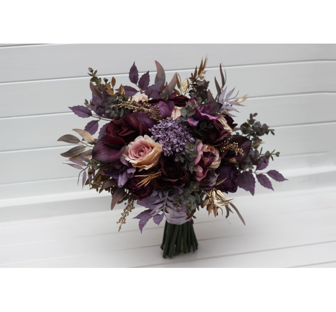 Purple, Lilac, Gold & Beige Bridal Bouquet – Elegant Faux Wedding Flowers