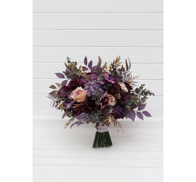 Purple, Lilac, Gold & Beige Bridal Bouquet – Elegant Faux Wedding Flowers