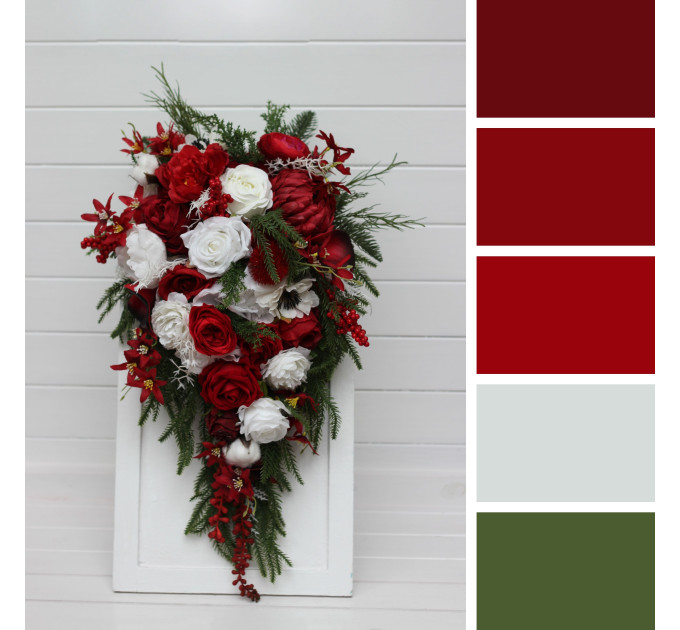 Red & White Cascading Bridal Bouquet – Winter Wedding Faux Flowers