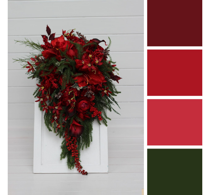 Winter Cascading Bridal Bouquet – Red Flowers & Pine Branches Faux Arrangement