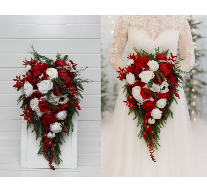 Red & White Cascading Bridal Bouquet – Winter Wedding Faux Flowers