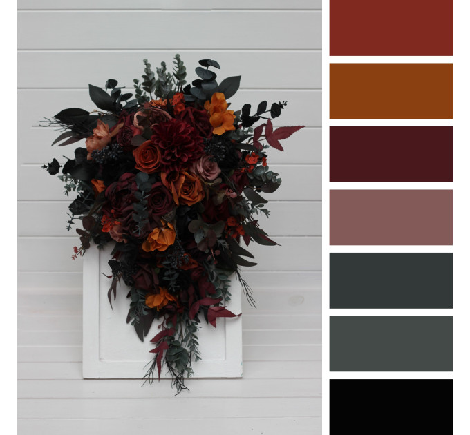 Burgundy, Black, Rust & Dusty Rose Cascading Bouquet – Moody Faux Wedding Flowers