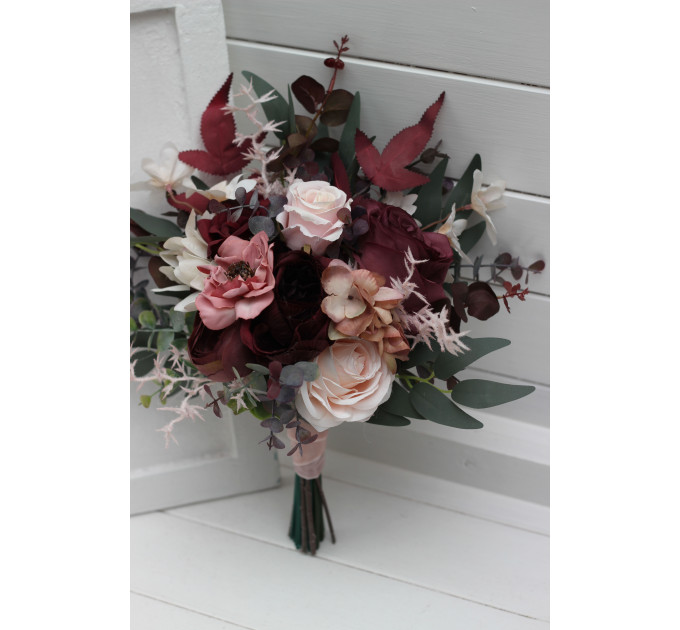 Cascading Wedding Bouquet – Faux Bridal Flowers in Burgundy, Dusty Rose & Blush Pink