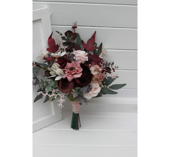 Wedding Bouquets in Burgundy, Dusty Rose & Blush Pink | Faux Bridal & Bridesmaid Cascading Bouquets