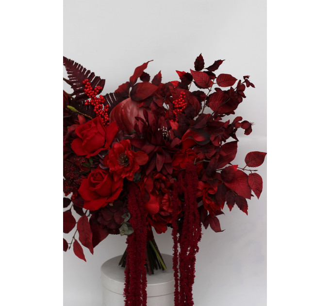 Red & Burgundy Dramatic Bridal Bouquet – Moody Faux Wedding Flowers