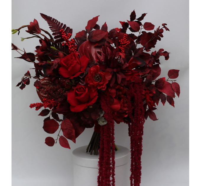 Red & Burgundy Dramatic Bridal Bouquet – Moody Faux Wedding Flowers