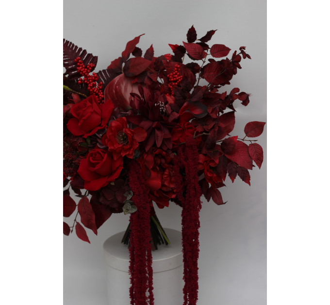 Red & Burgundy Dramatic Bridal Bouquet – Moody Faux Wedding Flowers