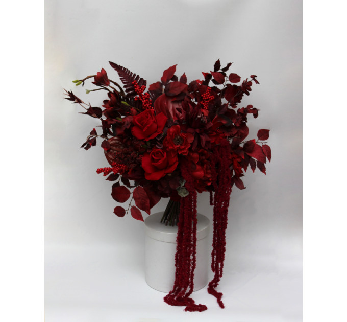 Red & Burgundy Dramatic Bridal Bouquet – Moody Faux Wedding Flowers