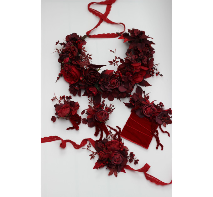Red & Burgundy Wrist Corsage – Dramatic Faux Floral Wedding Bracelet