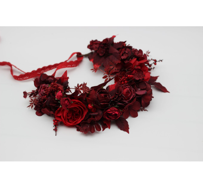 Red & Burgundy Flower Crown – Dramatic Faux Floral Wedding Hair Wreath