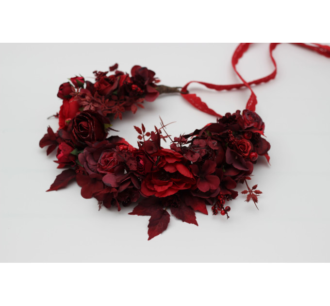 Red & Burgundy Flower Crown – Dramatic Faux Floral Wedding Hair Wreath
