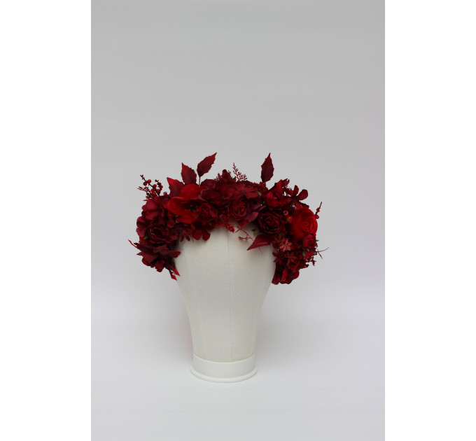 Red & Burgundy Flower Crown – Dramatic Faux Floral Wedding Hair Wreath
