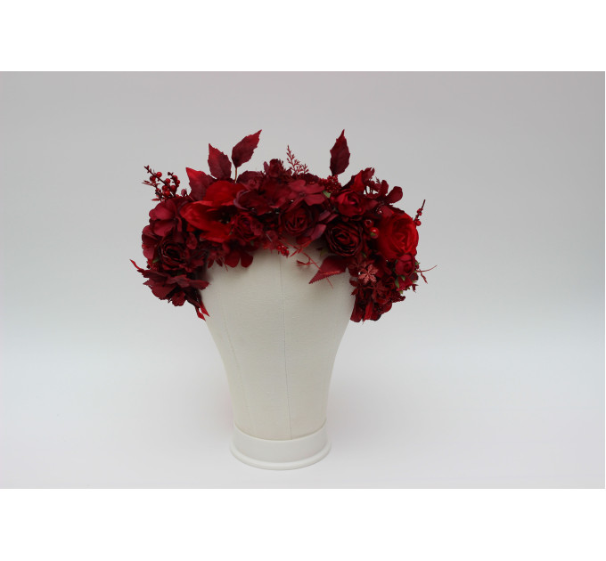 Red & Burgundy Flower Crown – Dramatic Faux Floral Wedding Hair Wreath