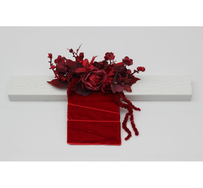 Red & Burgundy Pocket Boutonniere – Dramatic Faux Floral Square Accessory