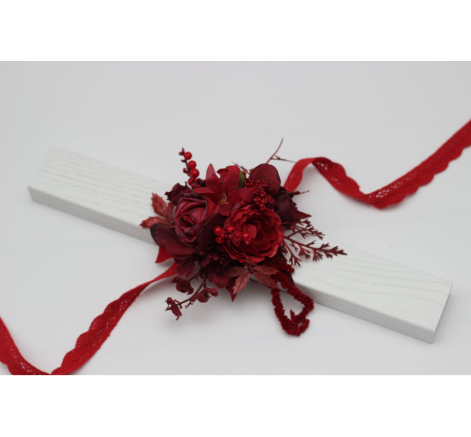 Red & Burgundy Wrist Corsage – Dramatic Faux Floral Wedding Bracelet