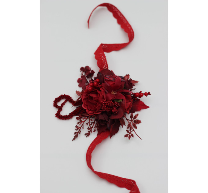 Red & Burgundy Wrist Corsage – Dramatic Faux Floral Wedding Bracelet