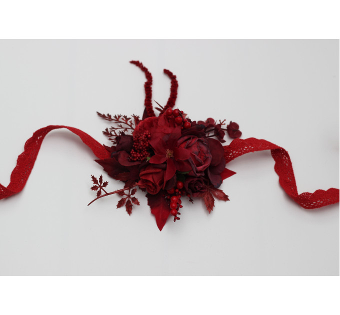 Red & Burgundy Wrist Corsage – Dramatic Faux Floral Wedding Bracelet