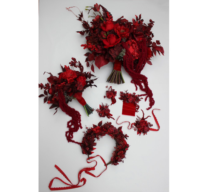 Red & Burgundy Pocket Boutonniere – Dramatic Faux Floral Square Accessory