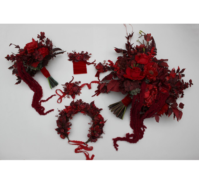Red & Burgundy Flower Crown – Dramatic Faux Floral Wedding Hair Wreath