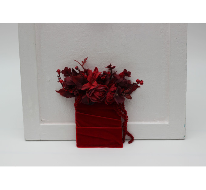 Red & Burgundy Pocket Boutonniere – Dramatic Faux Floral Square Accessory