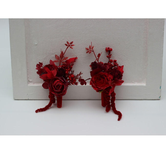 Red & Burgundy Wedding Boutonnieres – Dramatic Faux Floral Accessories