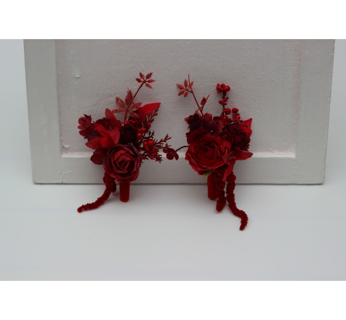 Red & Burgundy Wedding Boutonnieres – Dramatic Faux Floral Accessories