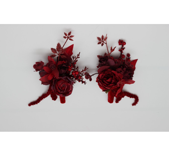 Red & Burgundy Wedding Boutonnieres – Dramatic Faux Floral Accessories