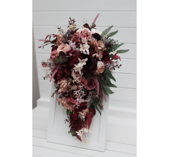 Wedding Bouquets in Burgundy, Dusty Rose & Blush Pink | Faux Bridal & Bridesmaid Cascading Bouquets