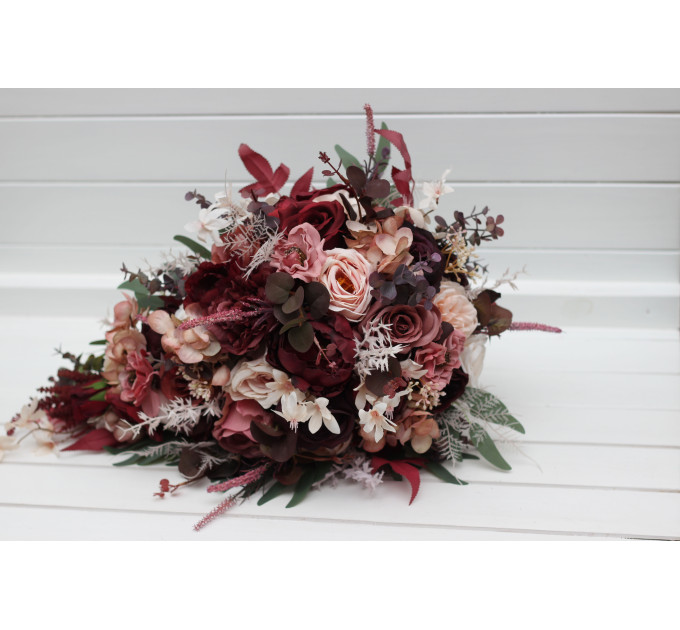 Wedding Bouquets in Burgundy, Dusty Rose & Blush Pink | Faux Bridal & Bridesmaid Cascading Bouquets