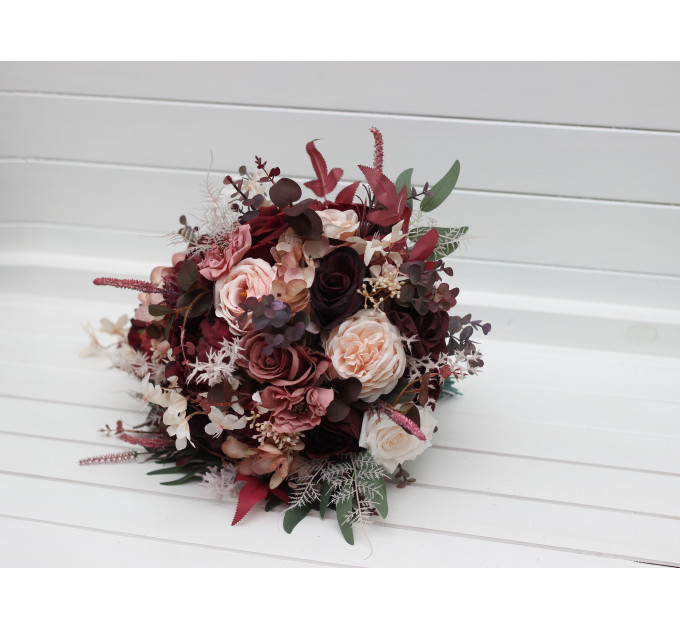 Wedding Bouquets in Burgundy, Dusty Rose & Blush Pink | Faux Bridal & Bridesmaid Cascading Bouquets