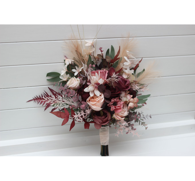 Cascading Wedding Bouquet – Faux Bridal Flowers in Burgundy, Dusty Rose & Blush Pink