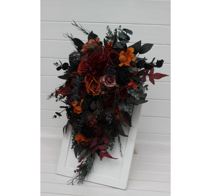 Burgundy, Black, Rust & Dusty Rose Cascading Bouquet – Moody Faux Wedding Flowers