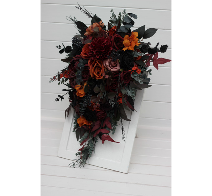Burgundy, Black, Rust & Dusty Rose Cascading Bouquet – Moody Faux Wedding Flowers